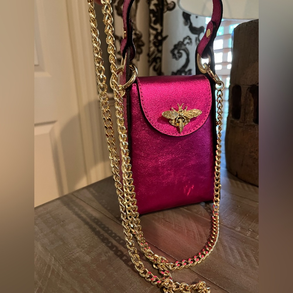 NWOT Vera Pelle Italian Leather Bee Handbag in Metallic Pink and Brilliant Gold - Picture 10 of 16